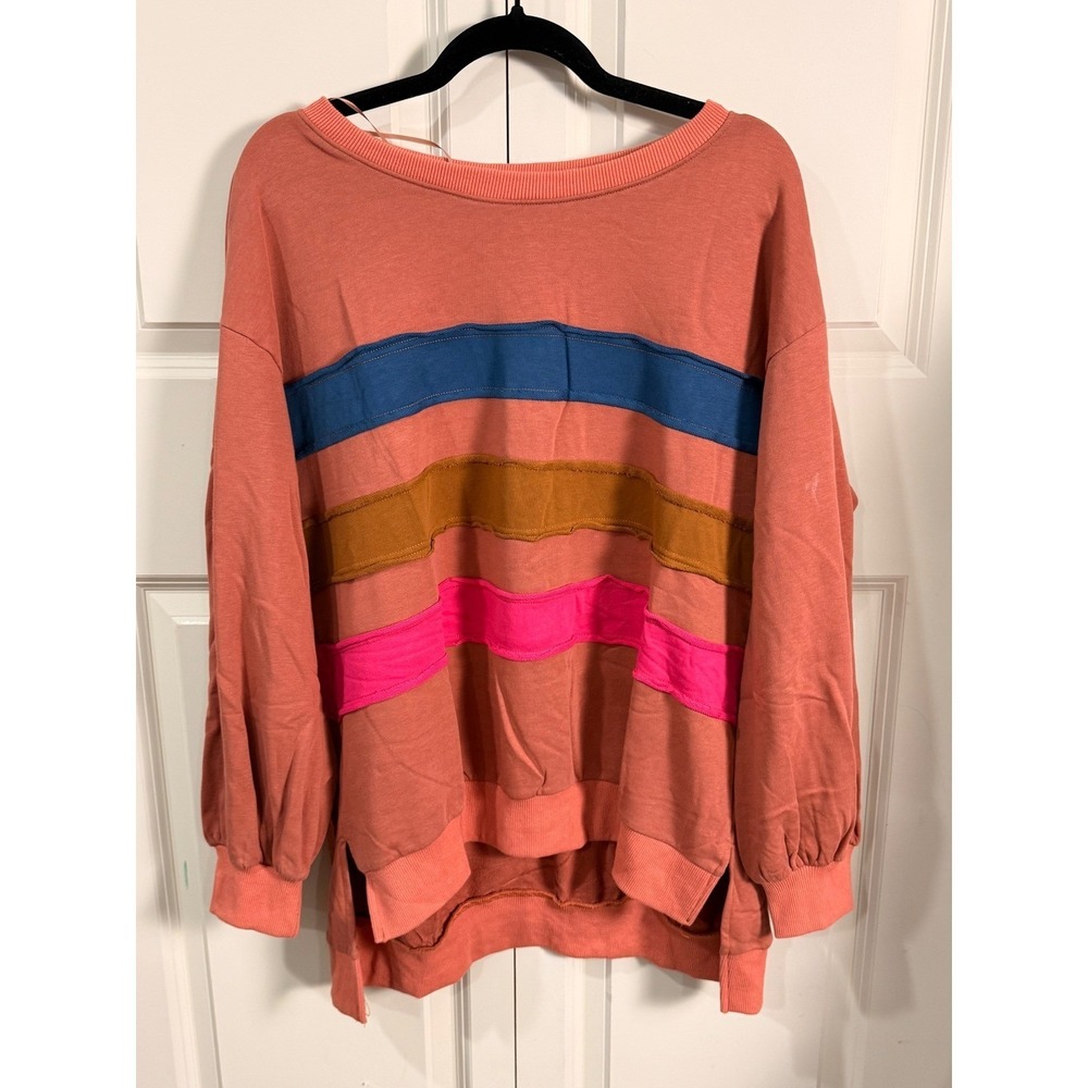 Fantastic Fawn Women Large Coral Orange Striped Raw Edge Sweatshirt Pullover